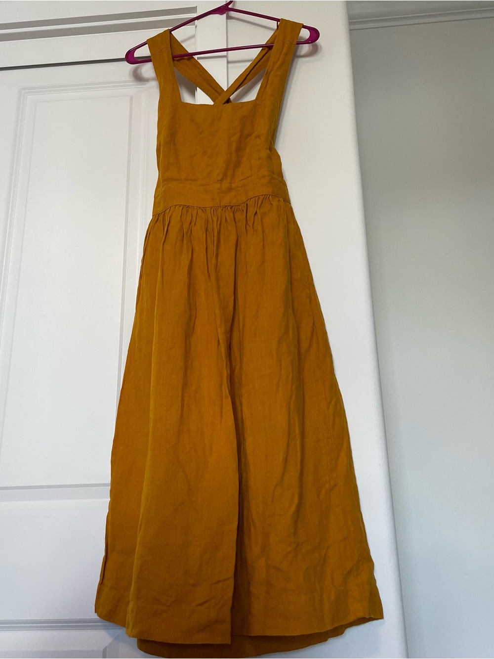 Sleeveless Cross-Back Midi Dress Jumper in Bright Mustard Yellow 100% Linen